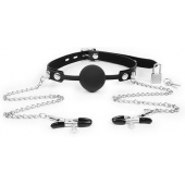 Черный кляп-шарик с зажимами на соски на металлической цепочке - Notabu - купить с доставкой в Белгороде