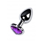 Серебристая коническая анальная пробка с фиолетовым кристаллом-сердечком - 7 см. - ToyFa - купить с доставкой в Белгороде