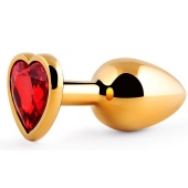 Золотистая анальная пробка с красным стразом-сердечком - 8 см. - Anal Jewelry Plug - купить с доставкой в Белгороде