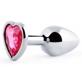 Серебристая анальная пробка с малиновым кристаллом-сердечком - 7 см. - Anal Jewelry Plug - купить с доставкой в Белгороде