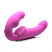Розовый безремневой страпон с вибрацией и функцией расширения Inflatable Ergo-Fit Strapless Strap-On - XR Brands - купить с доставкой в Белгороде