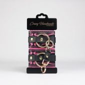 Черные кожаные наручники с розовой строчкой - Crazy Handmade - купить с доставкой в Белгороде