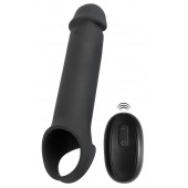 Черная вибронасадка для пениса с хомутом для мошонки и пультом ДУ Remote Controlled Penis Extension - Orion - в Белгороде купить с доставкой