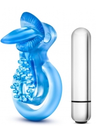 Голубое эрекционное виброкольцо 10 Function Vibrating Tongue Ring - Blush Novelties - в Белгороде купить с доставкой