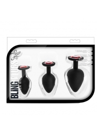 Набор черных анальных пробок с красным кристаллом-сердечком Bling Plugs Training Kit - Blush Novelties - купить с доставкой в Белгороде