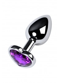 Серебристая коническая анальная пробка с фиолетовым кристаллом-сердечком - 7 см. - ToyFa - купить с доставкой в Белгороде