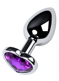 Серебристая коническая анальная пробка с фиолетовым кристаллом-сердечком - 7 см. - ToyFa - купить с доставкой в Белгороде