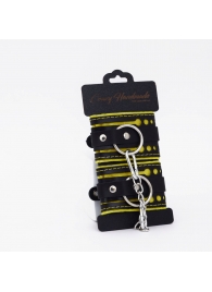 Черно-желтые кожаные наручники с жёлтой строчкой - Crazy Handmade - купить с доставкой в Белгороде