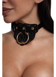 Черный фигурный кожаный ошейник с золотистой фурнитурой - Crazy Handmade - купить с доставкой в Белгороде