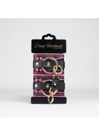Черные кожаные наручники с розовой строчкой - Crazy Handmade - купить с доставкой в Белгороде