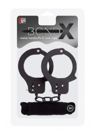 Чёрные наручники из листового металла в комплекте с веревкой BONDX METAL CUFFS LOVE ROPE SET - Dream Toys - купить с доставкой в Белгороде