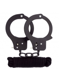 Чёрные наручники из листового металла в комплекте с веревкой BONDX METAL CUFFS LOVE ROPE SET - Dream Toys - купить с доставкой в Белгороде