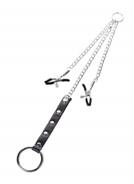 Серебристо-чёрные зажимы для сосков с кольцом для пениса TOYFA Metal - ToyFa - купить с доставкой в Белгороде