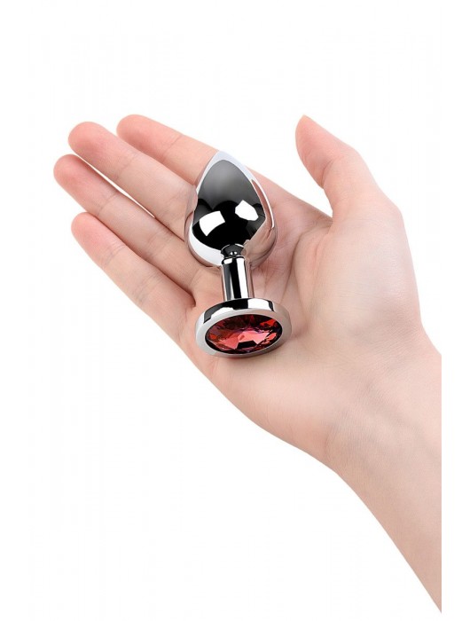 Серебристая коническая анальная пробка с красным кристаллом - 8 см. - ToyFa - купить с доставкой в Белгороде