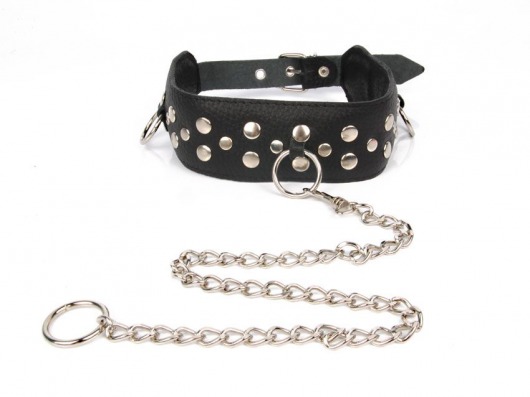 Черный ошейник с заклепками с металлическим поводком-цепочкой - Notabu - купить с доставкой в Белгороде