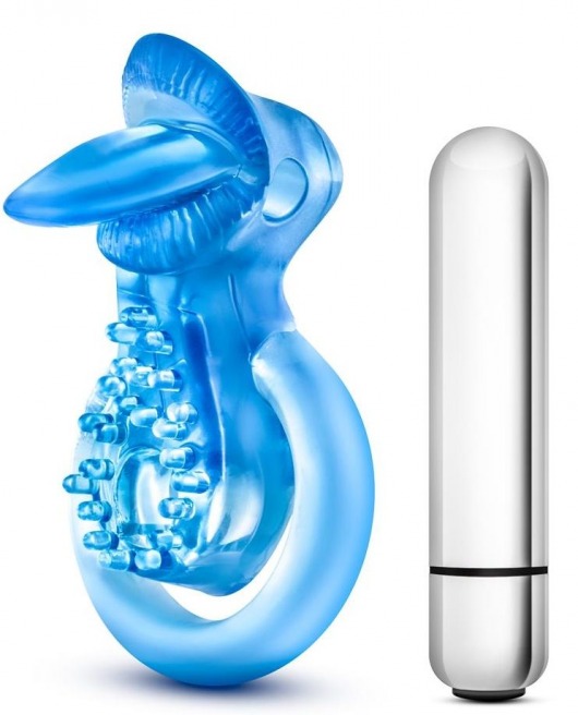 Голубое эрекционное виброкольцо 10 Function Vibrating Tongue Ring - Blush Novelties - в Белгороде купить с доставкой