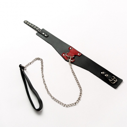 Черный широкий ошейник с красным декором и поводком - Crazy Handmade - купить с доставкой в Белгороде