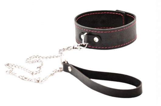 Черный широкий ошейник с красной строчкой и поводком - Crazy Handmade - купить с доставкой в Белгороде