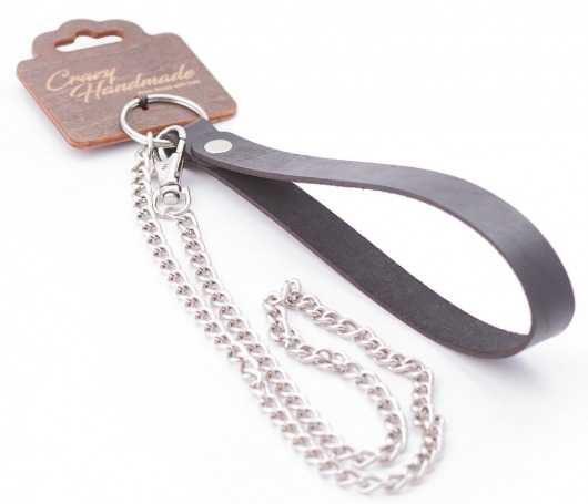 Серебристый металлический поводок с кожаной черной ручкой - 80 см. - Crazy Handmade - купить с доставкой в Белгороде
