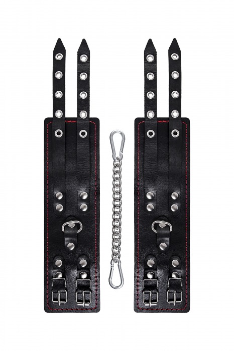 Черные кожаные оковы с двумя ремнями и контрастной строчкой - Pecado - купить с доставкой в Белгороде