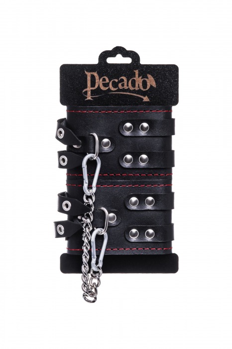 Черные кожаные оковы с двумя ремнями и контрастной строчкой - Pecado - купить с доставкой в Белгороде