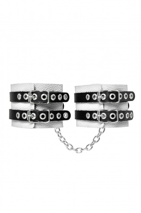 Бело-черные оковы с двумя ремешками и люверсами - Pecado - купить с доставкой в Белгороде