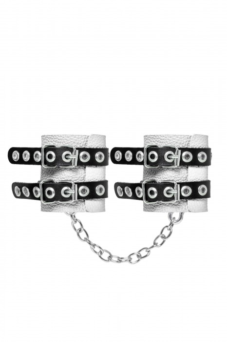 Бело-черные наручники с двумя ремешками и люверсами - Pecado - купить с доставкой в Белгороде