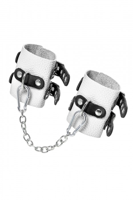 Бело-черные наручники с двумя ремешками и люверсами - Pecado - купить с доставкой в Белгороде