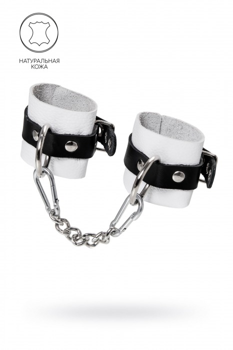 Бело-черные кожаные наручники с одним ремешком с люверсами - Pecado - купить с доставкой в Белгороде
