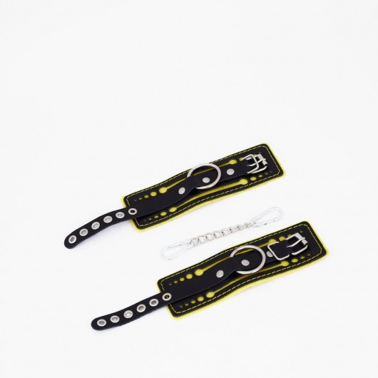 Черно-желтые кожаные наручники с жёлтой строчкой - Crazy Handmade - купить с доставкой в Белгороде