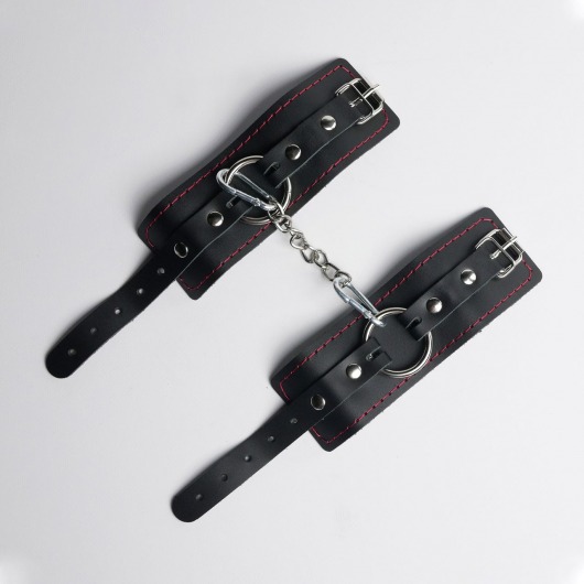 Черные кожаные наручники с красной строчкой - Crazy Handmade - купить с доставкой в Белгороде
