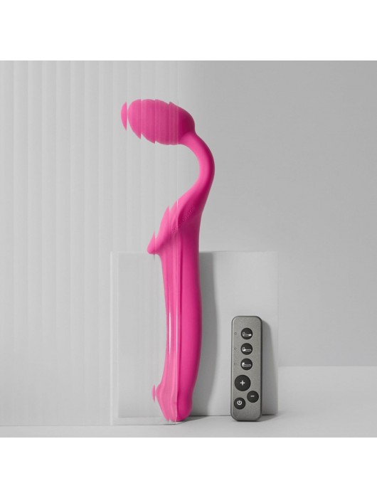 Ярко-розовый безремневой страпон Strap-on-me Vibrating Bendable Strap-On size L - Strap-on-me - купить с доставкой в Белгороде