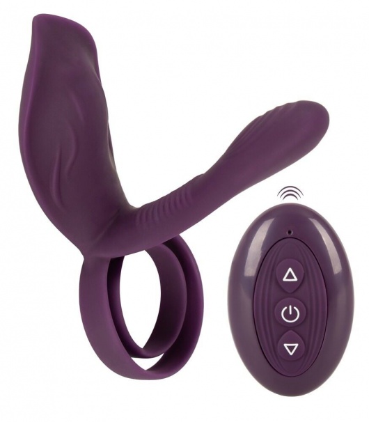 Фиолетовая насадка на член с клиторальным отростком и пультом ДУ RC Couple’s Vibrator 2 - Orion - в Белгороде купить с доставкой