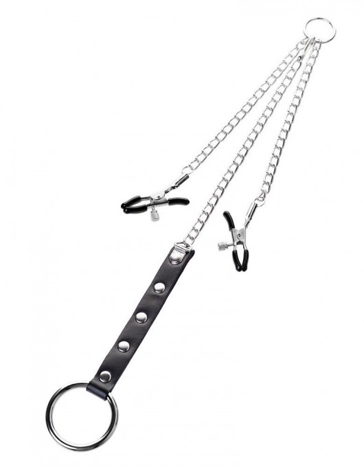 Серебристо-чёрные зажимы для сосков с кольцом для пениса TOYFA Metal - ToyFa - купить с доставкой в Белгороде